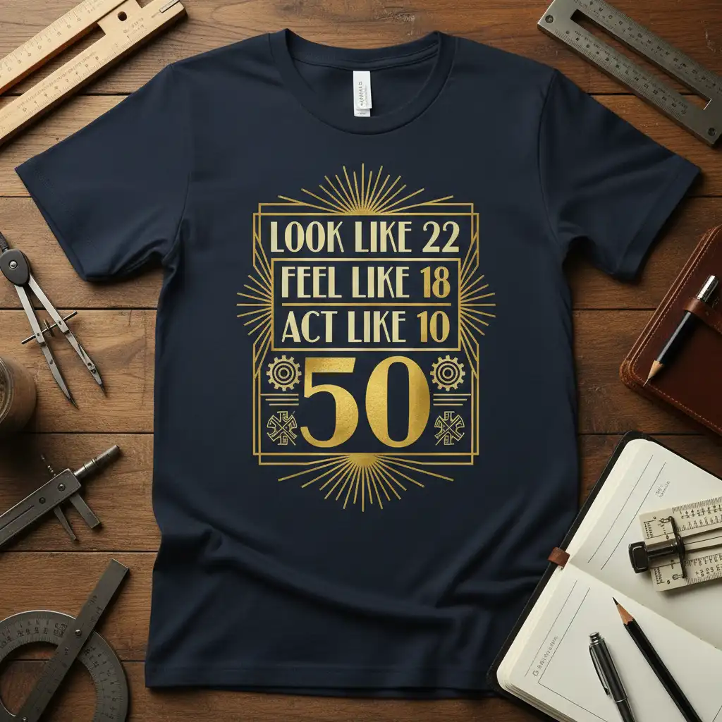 Look Like 22 Feel Like 18 Act Like 10 50 quote tee featuring gold retro typography on navy blue