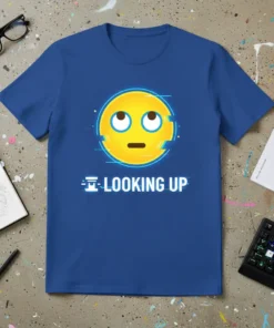 Blue t-shirt with a yellow emoji looking upwards, featuring glitch effects and the text "LOOKING UP" below