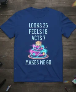 Looks 35 Feels 18 Acts 7 Makes Me 60 birthday t-shirt with neon cake graphic