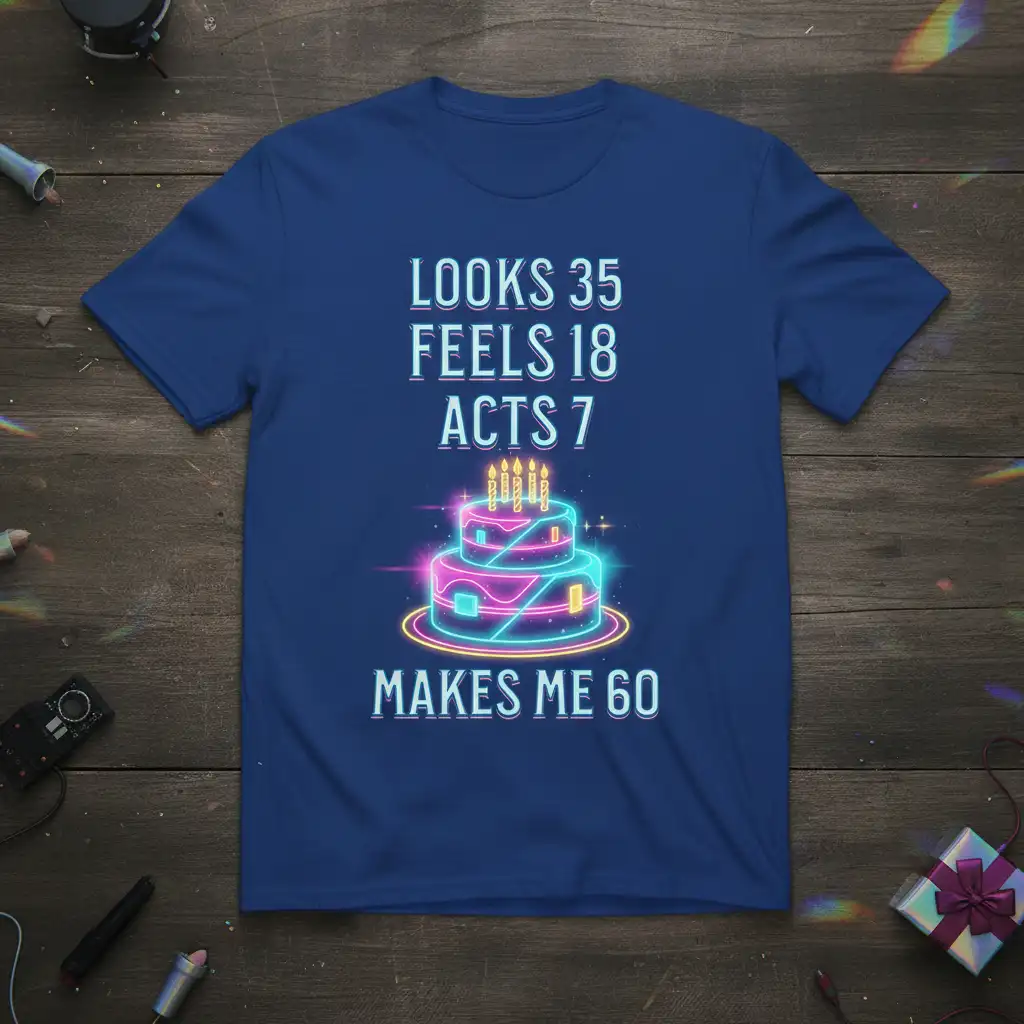 Looks 35 Feels 18 Acts 7 Makes Me 60 humorous quote with neon birthday cake graphic on a blue t-shirt