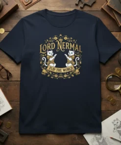 Lord Nermal Flip The World t-shirt design with two cats in armor and a banner