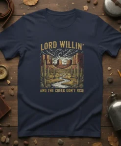 Lord Willin' And The Creek Don't Rise western t-shirt with desert landscape, cacti, and winding creek graphic