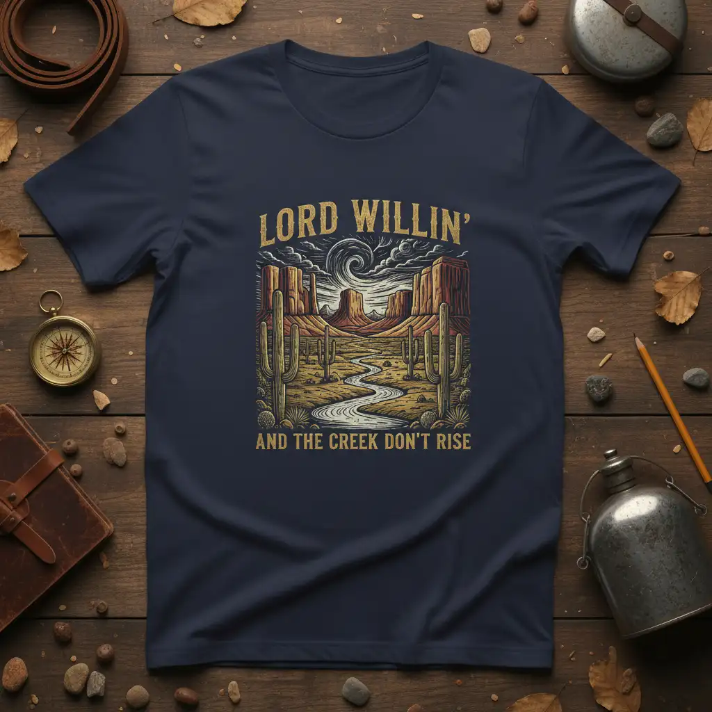 Lord Willin' And The Creek Don't Rise quote with desert landscape graphic on a navy t-shirt