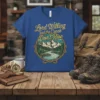Lord Willing and the Creek Don't Rise t-shirt design featuring a scenic mountain river landscape within a rope border