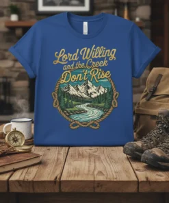 Lord Willing and the Creek Don't Rise t-shirt design featuring a scenic mountain river landscape within a rope border