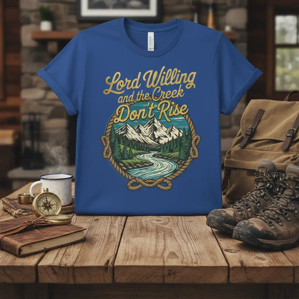 Lord Willing and the Creek Don't Rise quote on t-shirt with scenic mountain river and rope border graphic