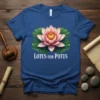 Blue t-shirt with white text "LOTUS FOR POTUS" below a detailed pink and yellow lotus flower on green leaves