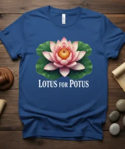 Blue t-shirt with white text "LOTUS FOR POTUS" below a detailed pink and yellow lotus flower on green leaves