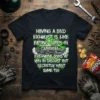 T-shirt with quote "Having a Loud Exhaust is Like Eating Chips In Church" and a graphic of a smoky muscle