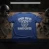 Loud Pipes Save Lives t-shirt with V-twin engine graphic and decorative swirls