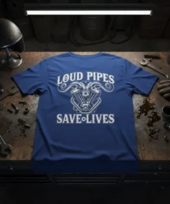 Loud Pipes Save Lives t-shirt with V-twin engine graphic and decorative swirls