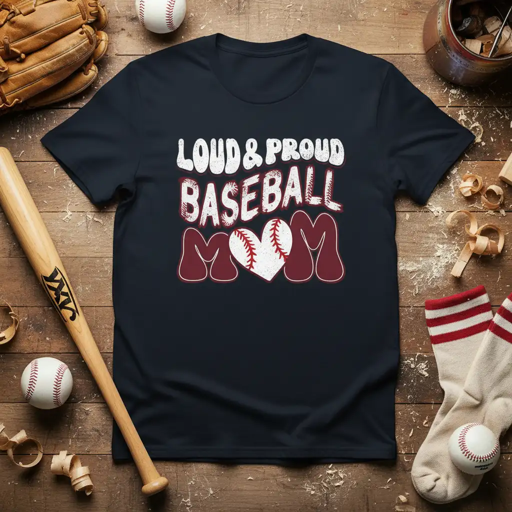 Loud & Proud Baseball Mom text design with distressed font and baseball heart graphic on a navy t-shirt