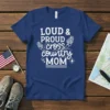 Loud & Proud Cross Country Mom text design with wings and compass graphic on navy blue t-shirt