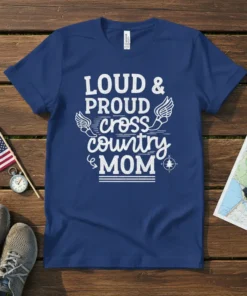 Loud & Proud Cross Country Mom text design with wings and compass graphic on navy blue t-shirt