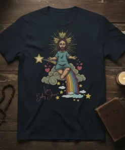 Love Baby Jesus Christian T-Shirt design featuring baby Jesus sitting on a rainbow with clouds and stars