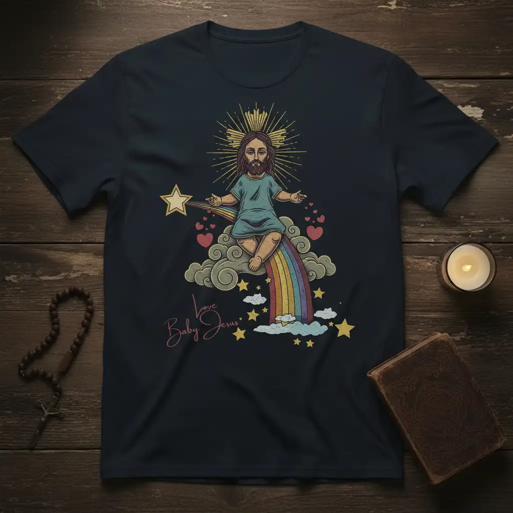 Love Baby Jesus t-shirt design with baby Jesus on a rainbow, surrounded by clouds and stars