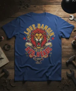 Love Bangin' Red Heads t-shirt design featuring a roaring lion with red mane and text, set against a vintage banner
