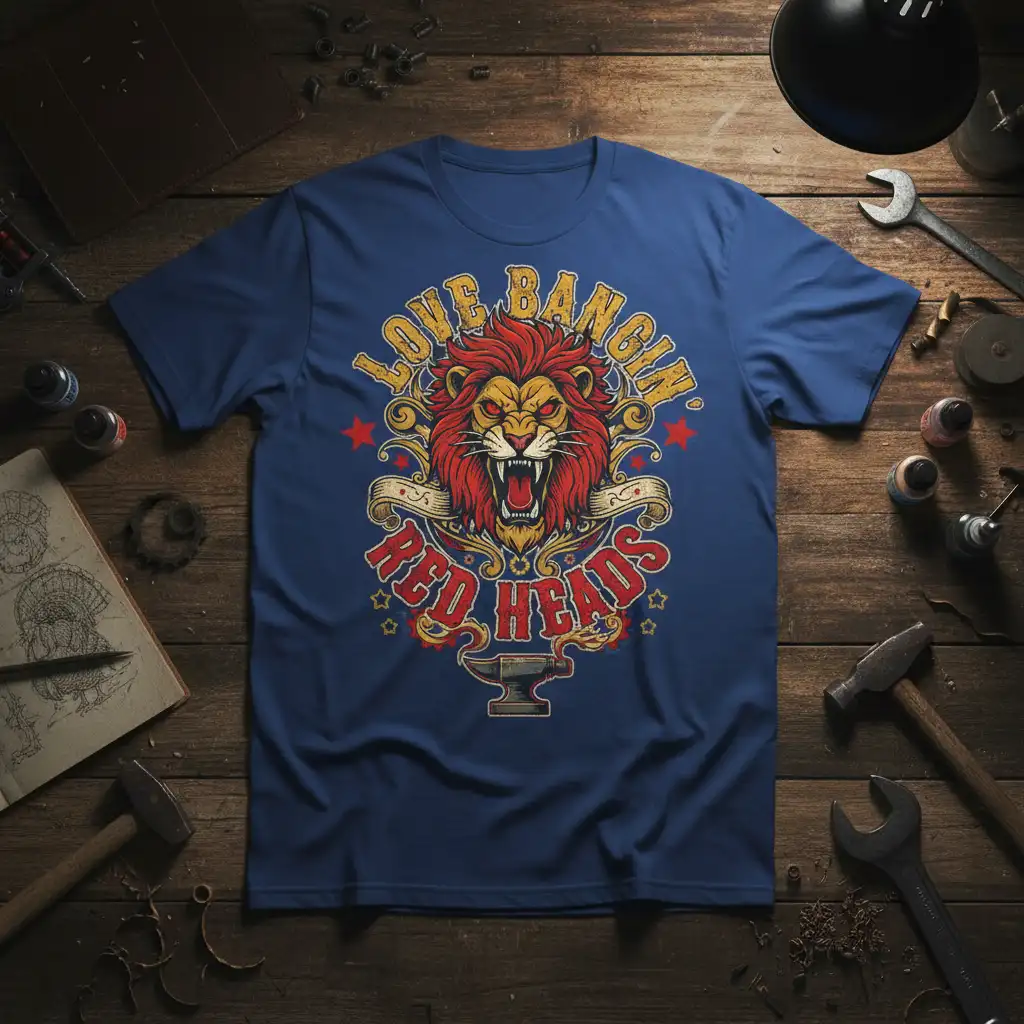 Love Bangin' Red Heads text design with roaring lion graphic and vintage banner accents on a blue t-shirt