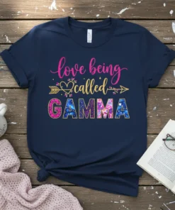 Love Being Called GAMMA t-shirt with glitter pink and gold text and colorful patterned letters for GAMMA