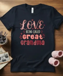 T-shirt with "Love Being Called Great Grandma" text in decorative fonts and colors, featuring hearts and floral accents