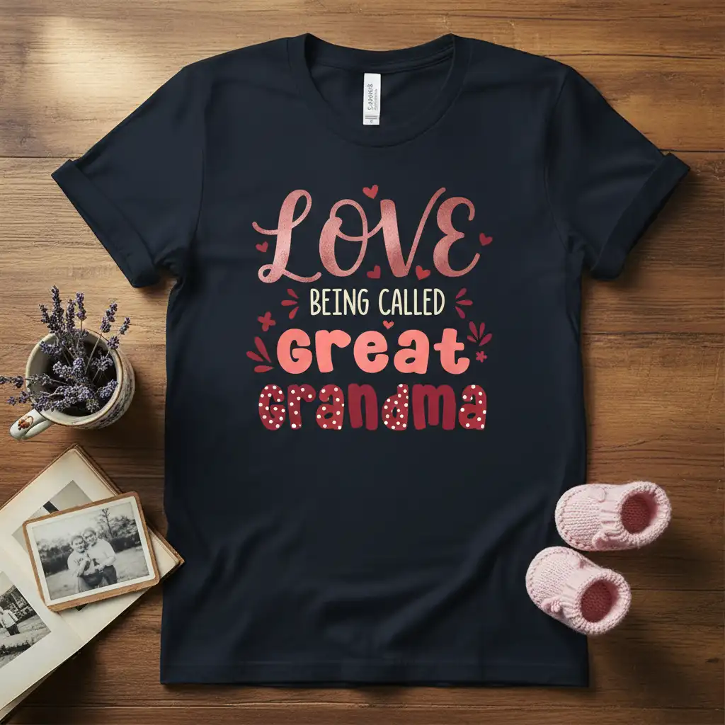 Love Being Called Great Grandma text design with decorative hearts and floral accents on a dark t-shirt