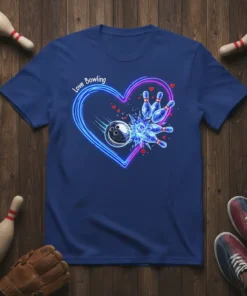 Love Bowling text with neon heart graphic, bowling ball, and pins on a dark blue t-shirt