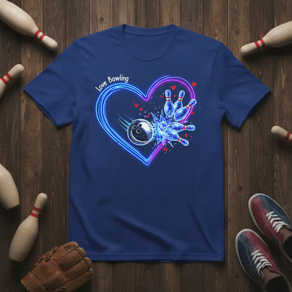 Love Bowling text with neon heart, bowling ball, and pins graphic on a t-shirt