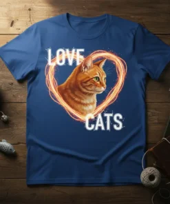 Love Cats T-Shirt with an orange tabby cat inside a glowing heart, white text above and below