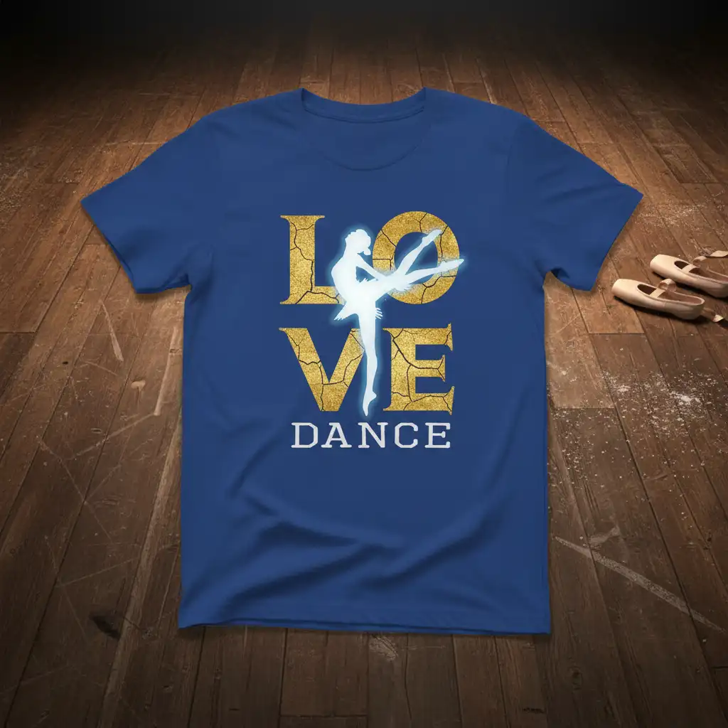 Blue t-shirt showcasing the LOVE DANCE ballet design with gold cracked lettering and a white ballerina graphic