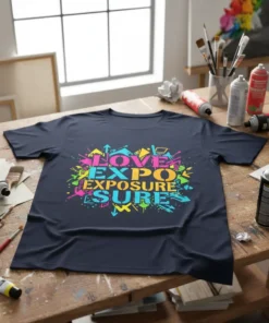 T-shirt with colorful "LOVE EXPO EXPOSURE SURE" graffiti-style text design, surrounded by arrows and paint splatters