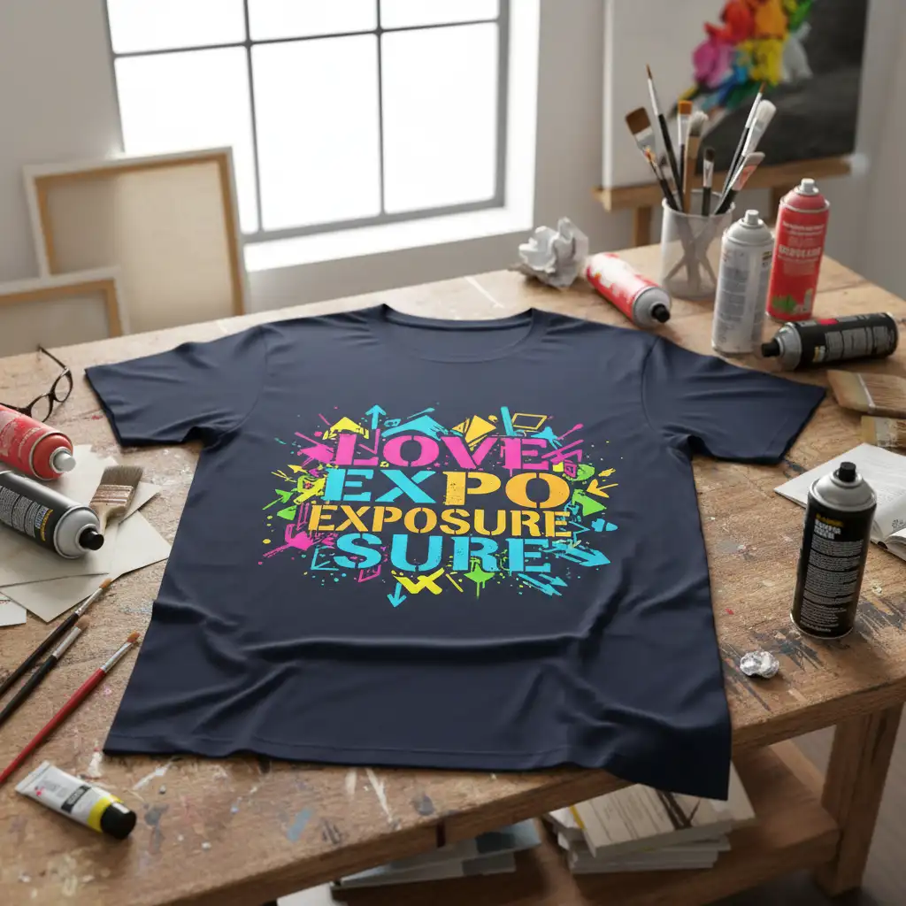 LOVE EXPO EXPOSURE SURE text design with graffiti arrows and paint splatters on a t-shirt