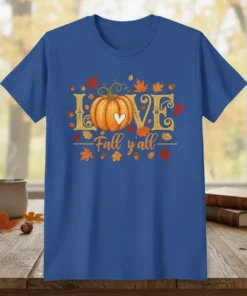 Love Fall y'all text with a pumpkin graphic surrounded by autumn leaves and acorns on a blue t-shirt