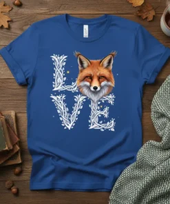 Love Fox T-Shirt design with a realistic fox face integrated into white vine lettering, showcasing woodland creature art
