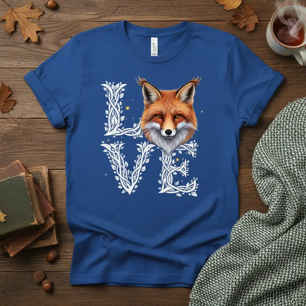 Love Fox T-Shirt featuring a realistic fox face within white vine lettering, symbolizing woodland animal love