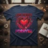 Love Hearts Forever text with a tribal-style red heart graphic on a navy t-shirt, perfect for Valentine's Day