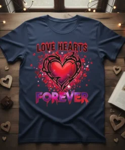Love Hearts Forever text with a tribal-style red heart graphic on a navy t-shirt, perfect for Valentine's Day