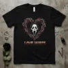 Black t-shirt with "LOVE HURTS" text and a Scream Ghost Face inside a thorny heart design