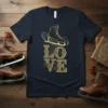 Vintage ice skate graphic with the word LOVE in decorative font, on a dark navy t-shirt