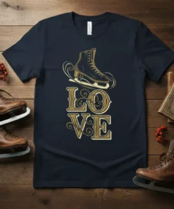 Vintage ice skate graphic with the word LOVE in decorative font, on a dark navy t-shirt
