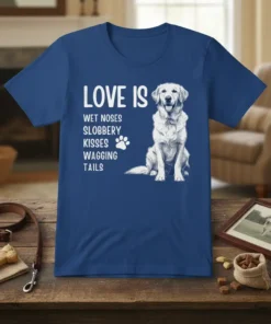 Blue t-shirt with "Love Is Wet Noses Slobbery Kisses Wagging Tails" text and a drawing of a golden retriever dog