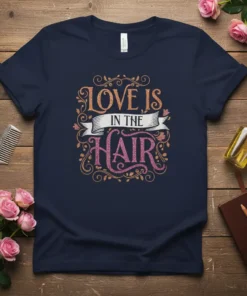Love Is In The Hair quote t-shirt design with ornate floral elements and glittery text for hair stylists