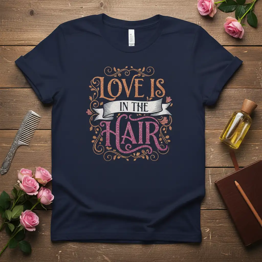 Love Is In The Hair quote with glitter effect and floral accents on a navy t-shirt for hair professionals