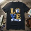 LOVE ISRAEL text design with Israeli flag emblem on a black t-shirt, bold gold and blue lettering