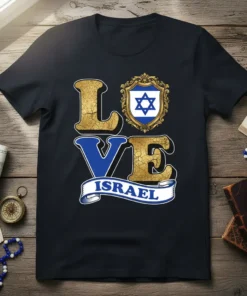 LOVE ISRAEL text design with Israeli flag emblem on a black t-shirt, bold gold and blue lettering
