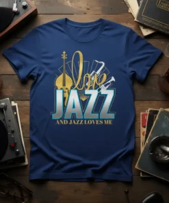 I love JAZZ AND JAZZ LOVES ME text with jazz instruments like saxophone, trumpet, and cello on a navy blue