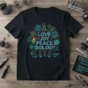 Love Joy Peace Biology text with science graphics and a Santa hat, on a black t-shirt