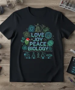 Love Joy Peace Biology text with science graphics and a Santa hat, on a black t-shirt