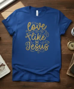Blue t-shirt with gold glitter text "love like Jesus" and a cross graphic