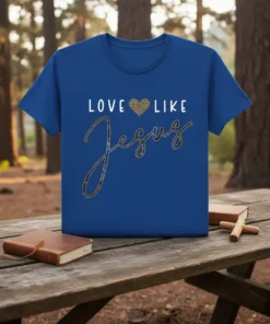 Blue t-shirt with "Love Like Jesus" text and a decorative heart graphic, primary keyword included
