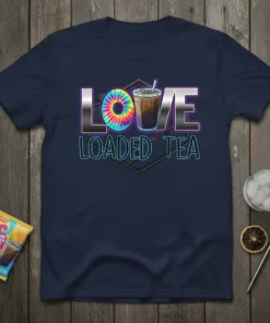 Love Loaded Tea design with tie-dye 'O' and iced tea illustration on a navy t-shirt